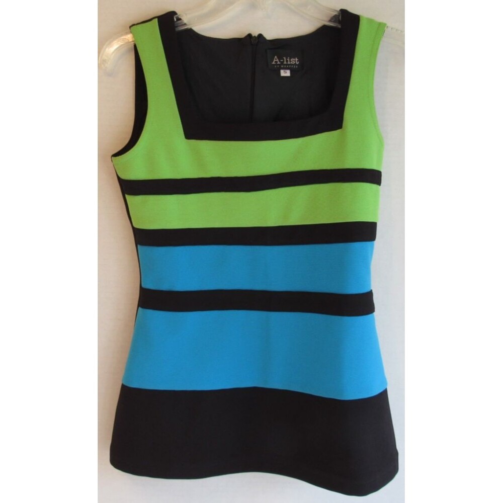 A List by Wrapper Blue/Blk/Green Y2K Sleeveless Color Block Pant Suit Size 5 5/6
